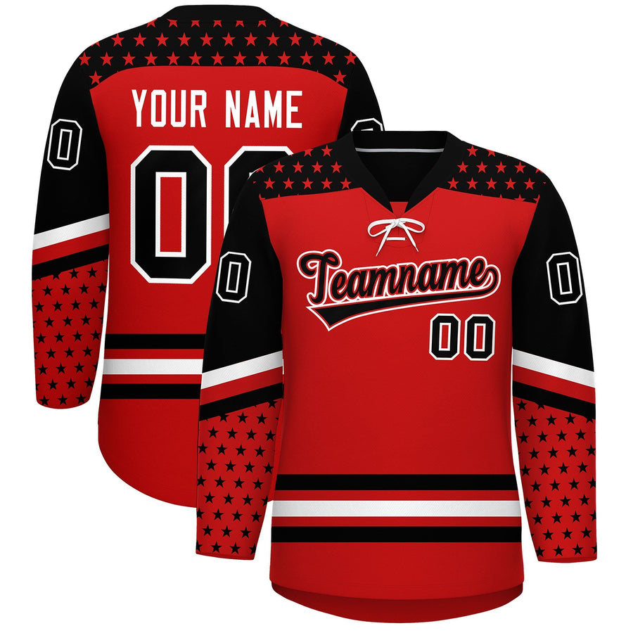 Custom Red Black White Star Series Personalization Lace-Up Neck Hockey Jersey | BuyFootballJersey