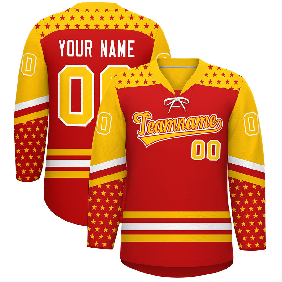 Custom Red Gold White Star Series Personalization Lace-Up Neck Hockey Jersey | BuyFootballJersey