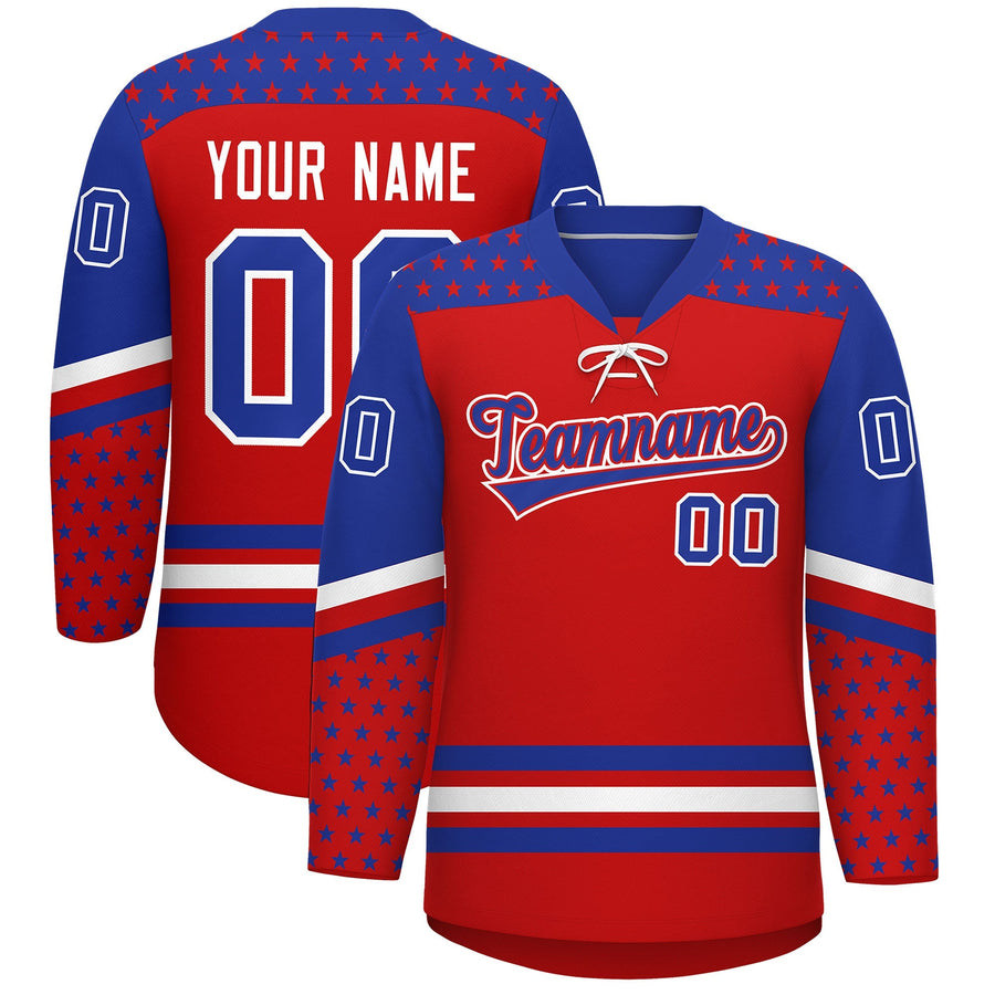 Custom Red Royal Blue White Star Series Personalization Lace-Up Neck Hockey Jersey | BuyFootballJersey