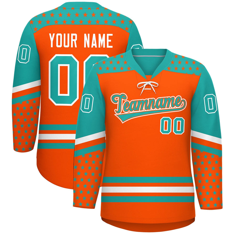 Custom Orange Aqua White Star Series Personalization Lace-Up Neck Hockey Jersey | BuyFootballJersey