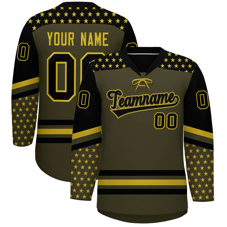 Custom Olive Black Old Gold Star Series Personalization Lace-Up Neck Hockey Jersey | BuyFootballJersey