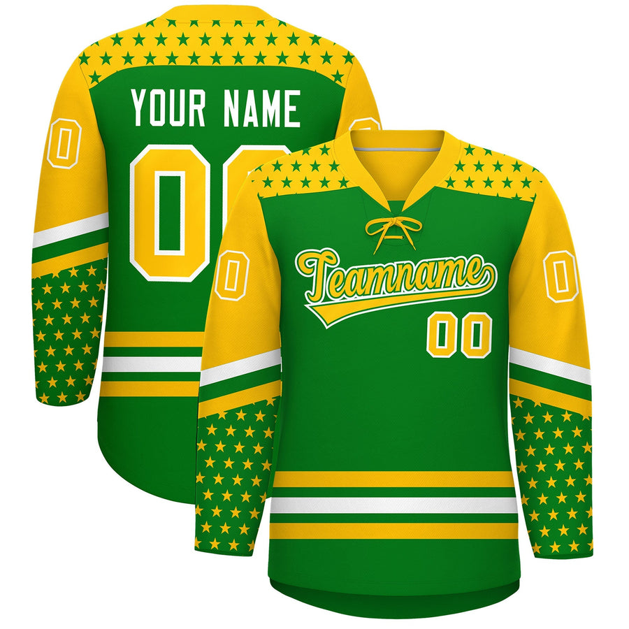 Custom Kelly Green Gold White Star Series Personalization Lace-Up Neck Hockey Jersey | BuyFootballJersey