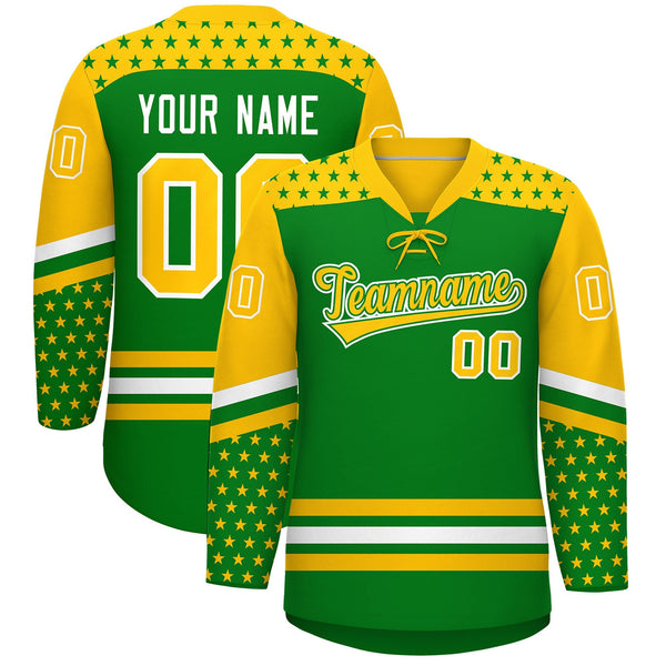 Custom Kelly Green Gold White Star Series Personalization Lace-Up Neck Hockey Jersey | BuyFootballJersey
