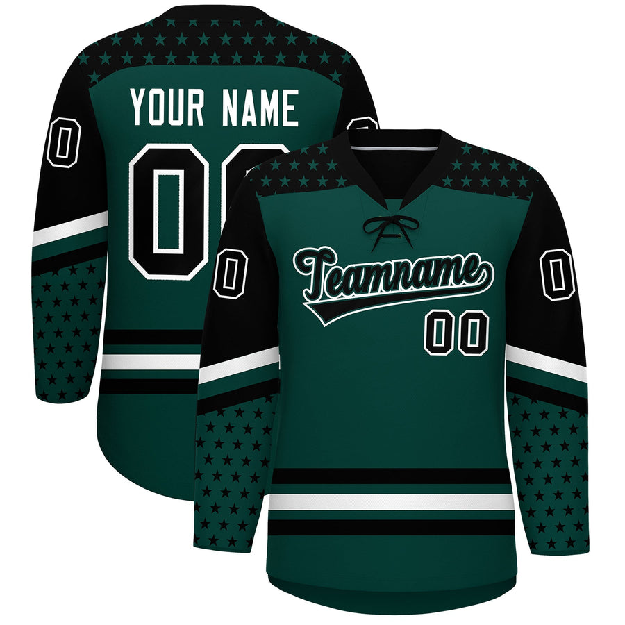 Custom Midnight Green Black White Star Series Personalization Lace-Up Neck Hockey Jersey | BuyFootballJersey