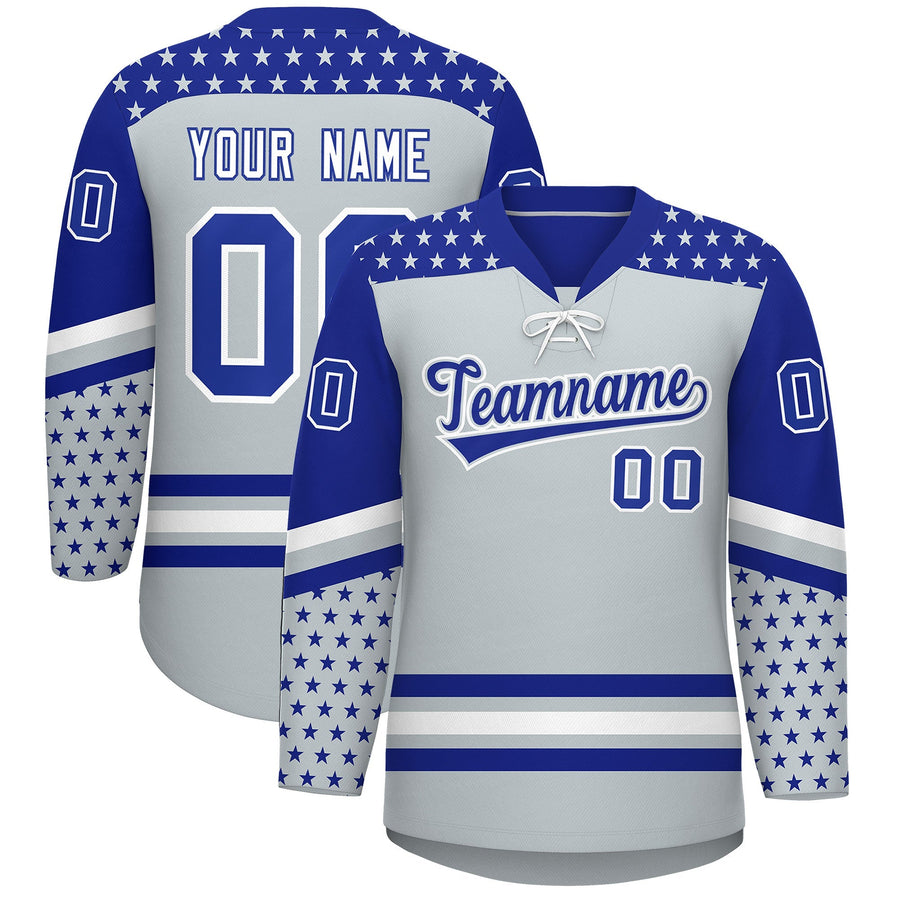 Custom Silver Royal Blue White Star Series Personalization Lace-Up Neck Hockey Jersey | BuyFootballJersey