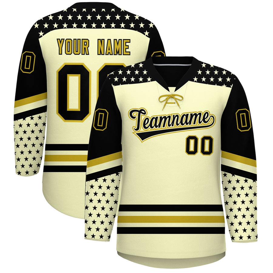Custom Cream Black Old Gold Star Series Personalization Lace-Up Neck Hockey Jersey | BuyFootballJersey