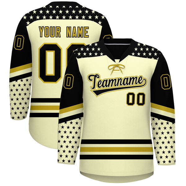 Custom Cream Black Old Gold Star Series Personalization Lace-Up Neck Hockey Jersey | BuyFootballJersey