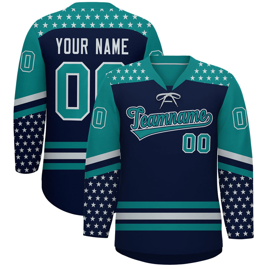 Custom Navy Teal Silver Star Series Personalization Lace-Up Neck Hockey Jersey | BuyFootballJersey
