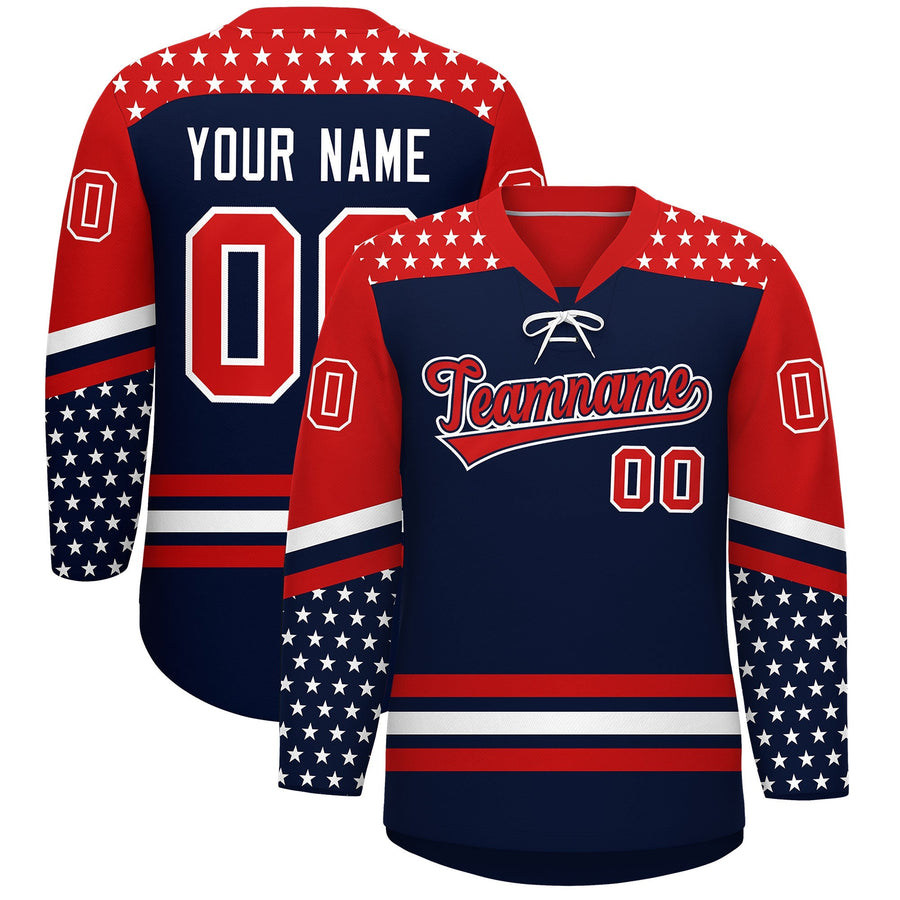 Custom Navy Red White Star Series Personalization Lace-Up Neck Hockey Jersey | BuyFootballJersey