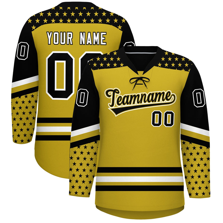 Custom Old Gold Black White Star Series Personalization Lace-Up Neck Hockey Jersey | BuyFootballJersey