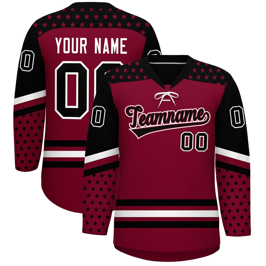 Custom Crimson Black White Star Series Personalization Lace-Up Neck Hockey Jersey | BuyFootballJersey