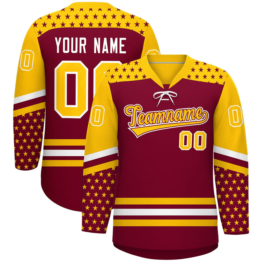 Custom Crimson Gold White Star Series Personalization Lace-Up Neck Hockey Jersey | BuyFootballJersey