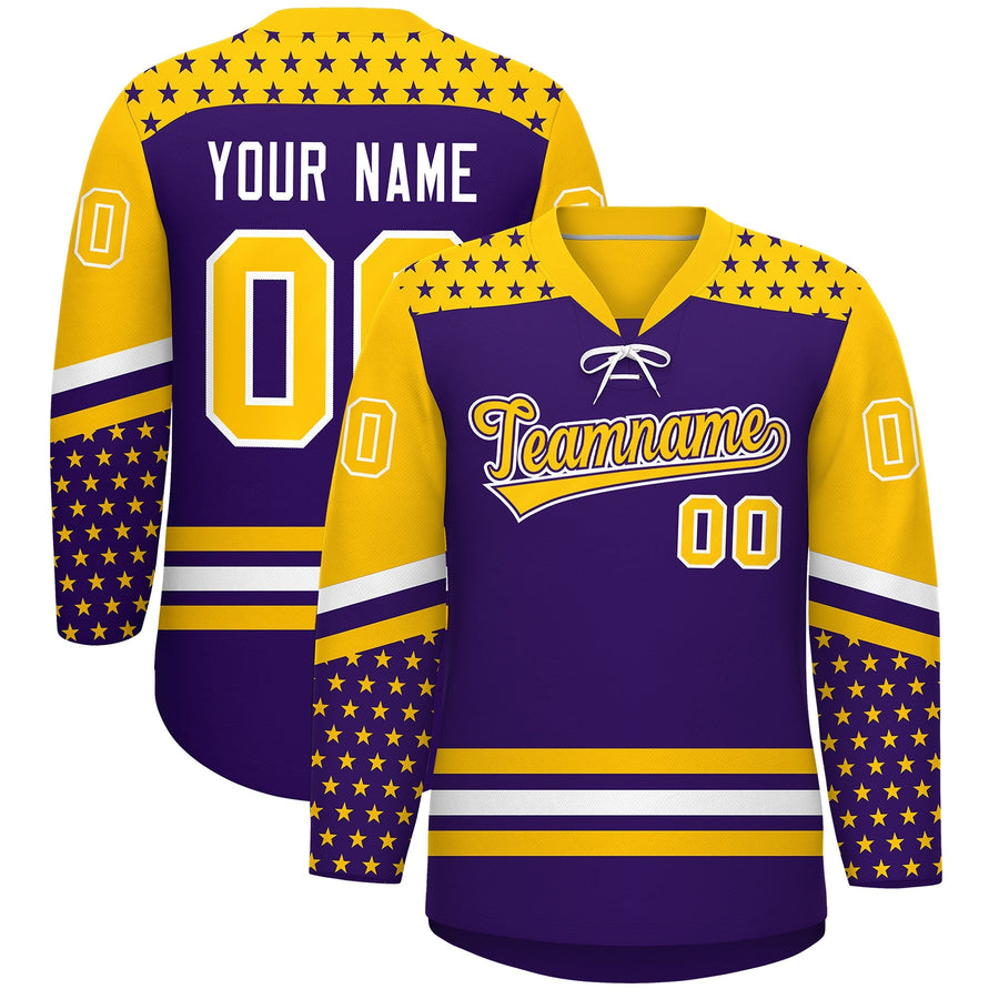 Custom Purple Gold White Star Series Personalization Lace-Up Neck Hockey Jersey | BuyFootballJersey