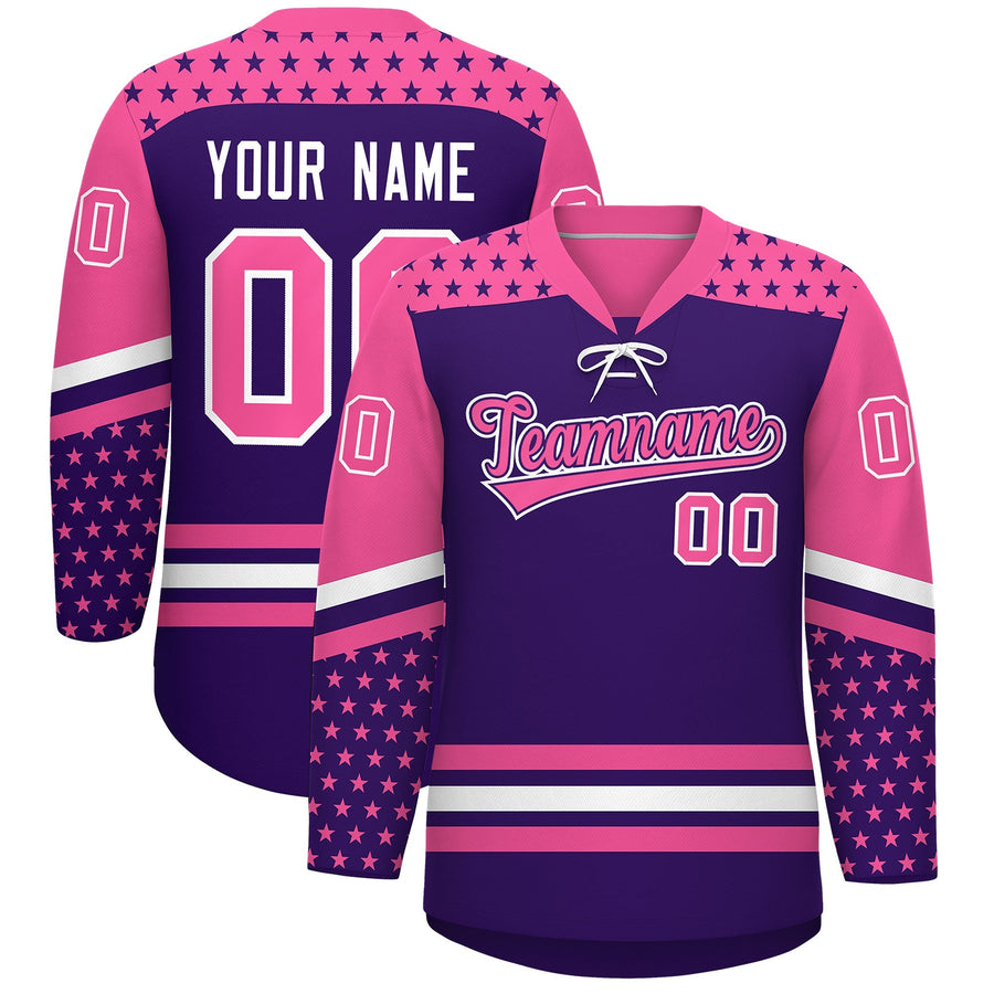 Custom Purple Pink White Star Series Personalization Lace-Up Neck Hockey Jersey | BuyFootballJersey