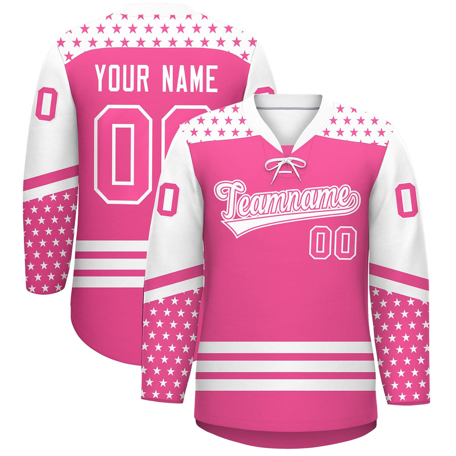 Custom Pink White Star Series Personalization Lace-Up Neck Hockey Jersey | BuyFootballJersey