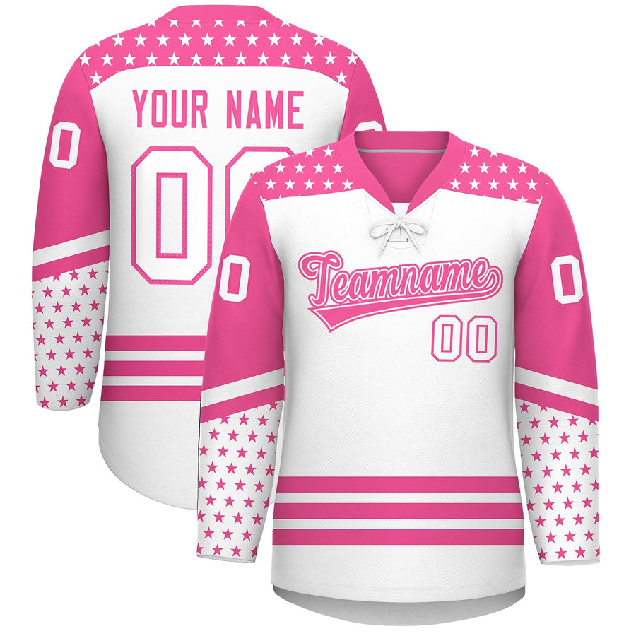 Custom White Pink Star Series Personalization Lace-Up Neck Hockey Jersey | BuyFootballJersey