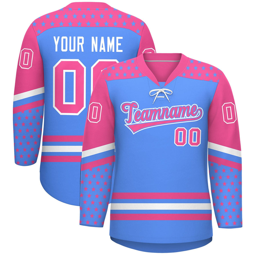 Custom Powder Blue Pink White Star Series Personalization Lace-Up Neck Hockey Jersey | BuyFootballJersey