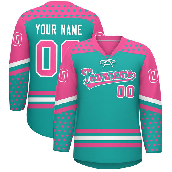 Custom Aqua Pink White Star Series Personalization Lace-Up Neck Hockey Jersey | BuyFootballJersey