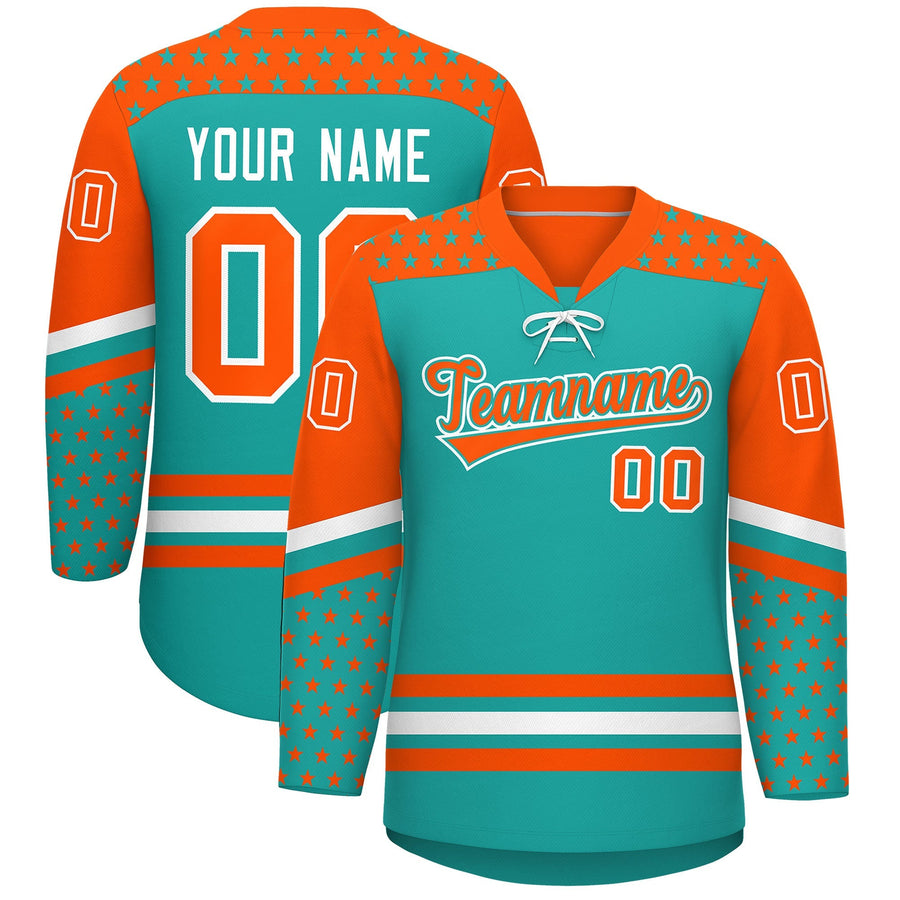 Custom Aqua Orange White Star Series Personalization Lace-Up Neck Hockey Jersey | BuyFootballJersey