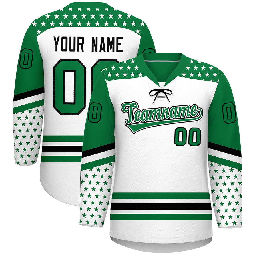 Custom White Kelly Green Black Star Series Personalization Lace-Up Neck Hockey Jersey | BuyFootballJersey