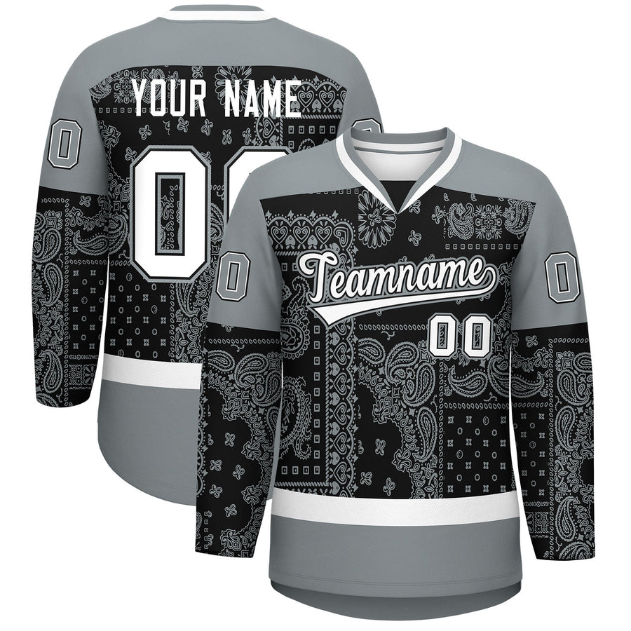 Custom Silver Gray White Black Cashew Flower Graffiti Pattern V-Neck Hockey Jersey | BuyFootballJersey