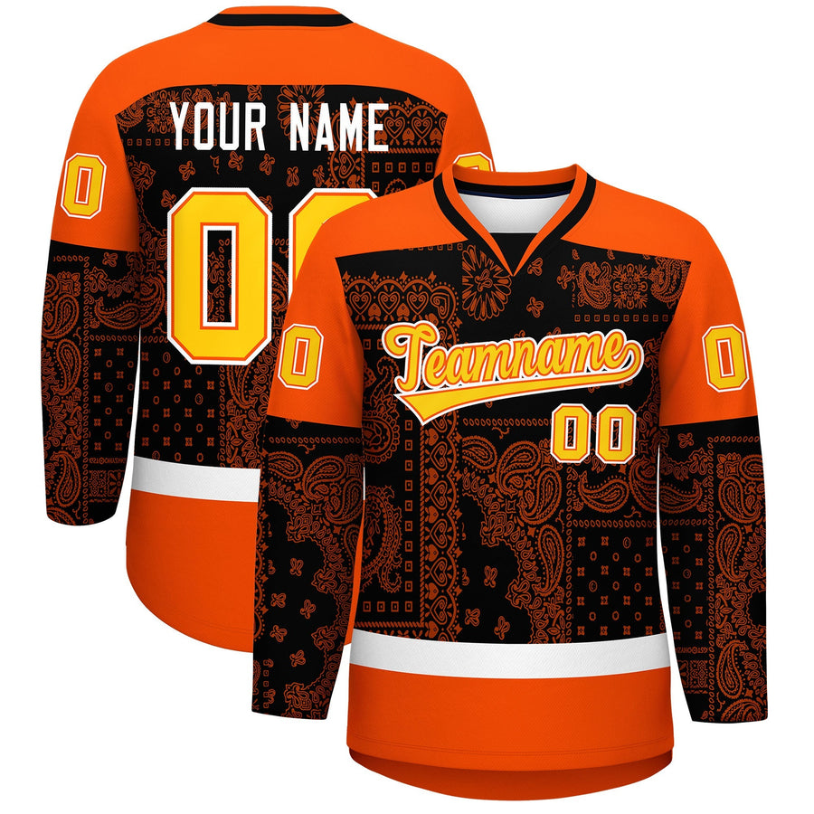 Custom Orange White Black Cashew Flower Graffiti Pattern V-Neck Hockey Jersey | BuyFootballJersey