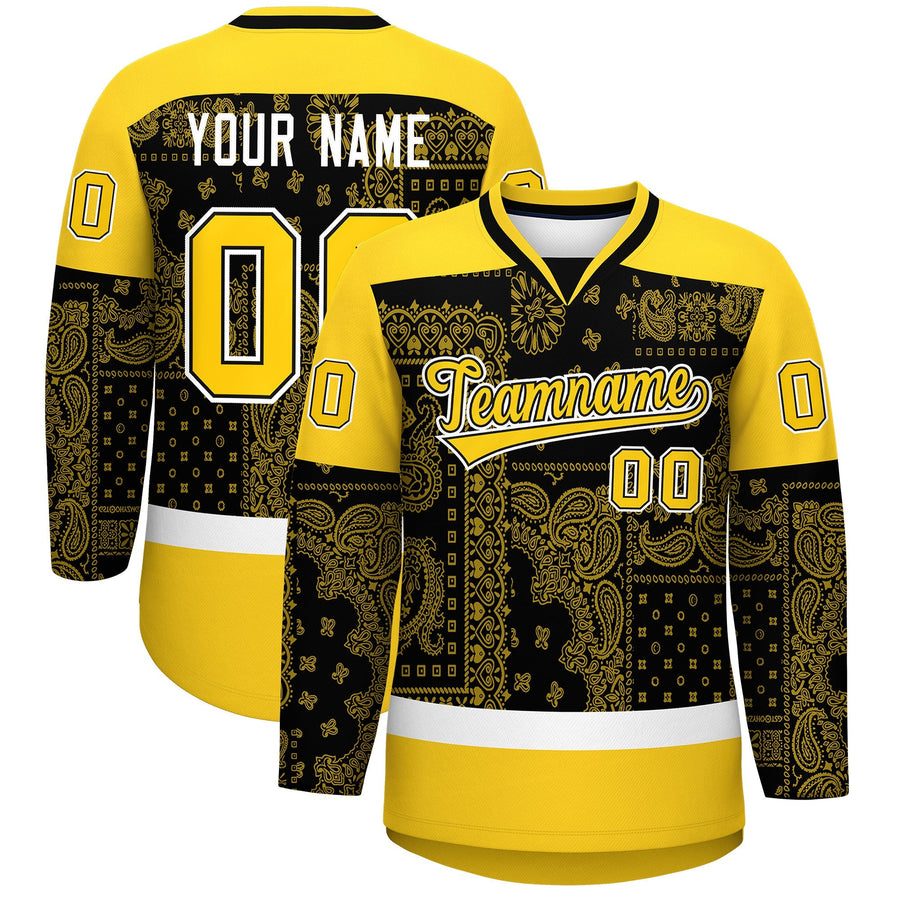 Custom Gold White Black Cashew Flower Graffiti Pattern V-Neck Hockey Jersey | BuyFootballJersey
