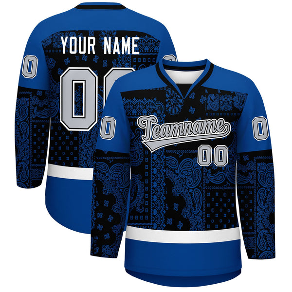 Custom Royal White Black Cashew Flower Graffiti Pattern V-Neck Hockey Jersey | BuyFootballJersey