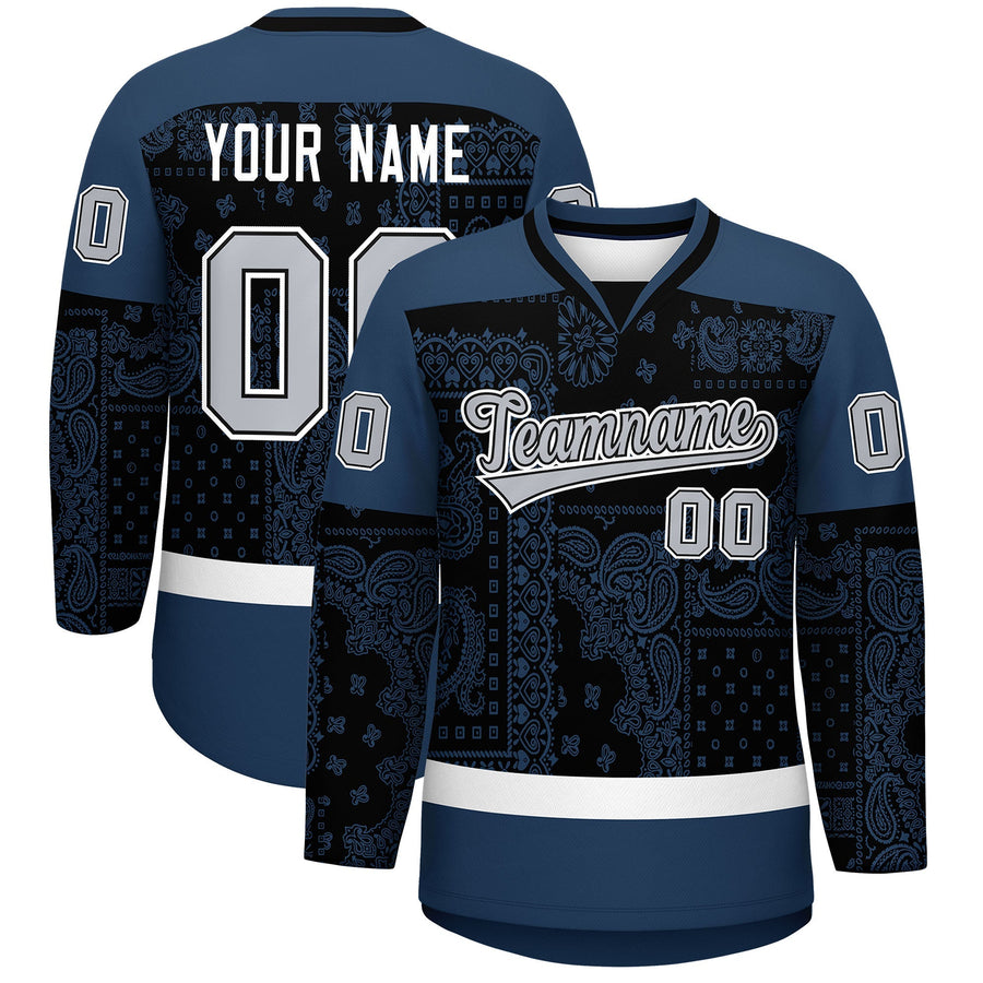 Custom Midnight Blue White Black Cashew Flower Graffiti Pattern V-Neck Hockey Jersey | BuyFootballJersey