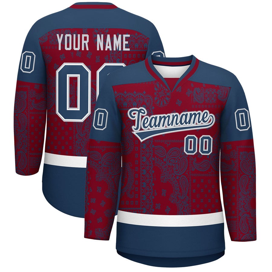 Custom Midnight Blue Crimson White Cashew Flower Graffiti Pattern V-Neck Hockey Jersey | BuyFootballJersey