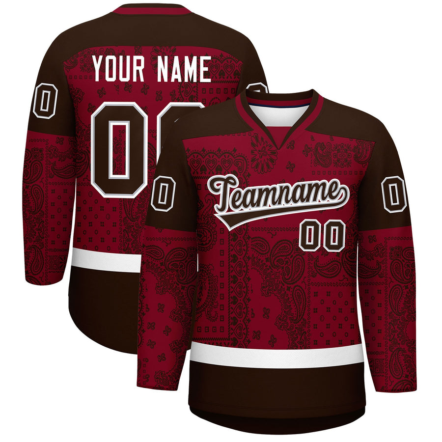 Custom Brown Crimson White Cashew Flower Graffiti Pattern V-Neck Hockey Jersey | BuyFootballJersey