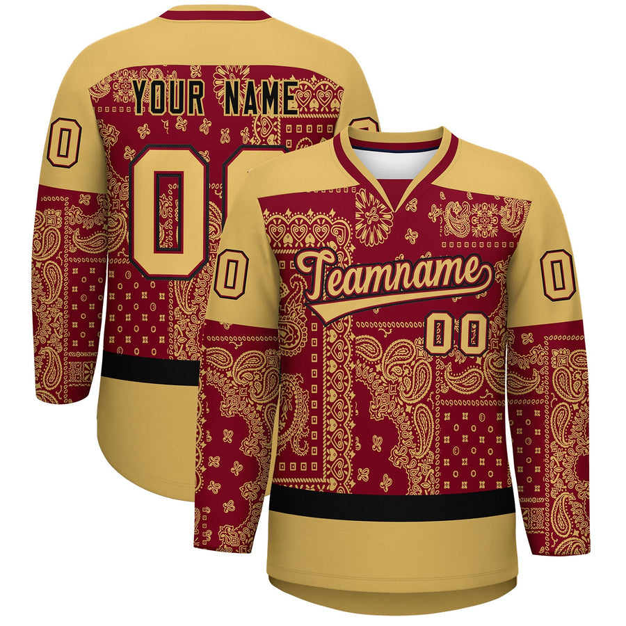 Custom Old Gold Crimson Black Cashew Flower Graffiti Pattern V-Neck Hockey Jersey | BuyFootballJersey