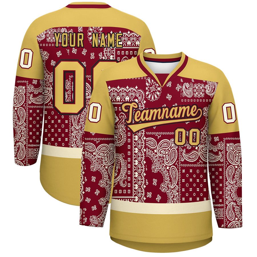 Custom Old Gold Crimson Cream Cashew Flower Graffiti Pattern V-Neck Hockey Jersey | BuyFootballJersey