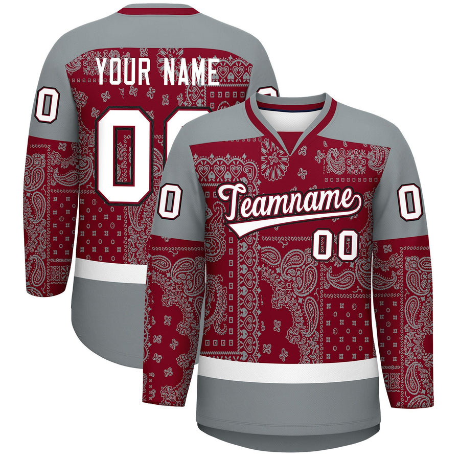 Custom Silver Gray Crimson White Cashew Flower Graffiti Pattern V-Neck Hockey Jersey | BuyFootballJersey