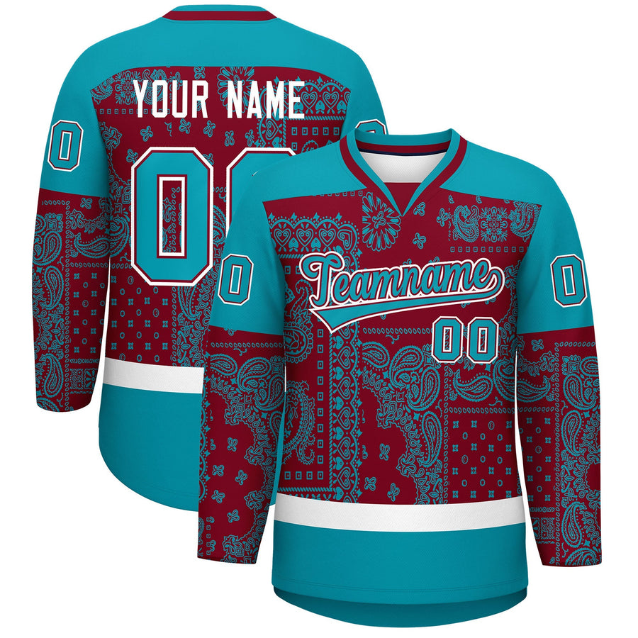 Custom Teal White Crimson Cashew Flower Graffiti Pattern V-Neck Hockey Jersey | BuyFootballJersey