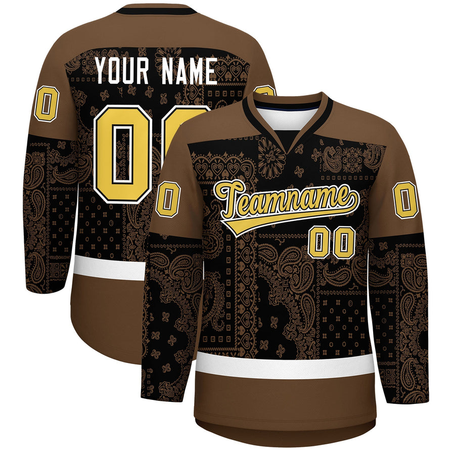 Custom Light Brown Black White Cashew Flower Graffiti Pattern V-Neck Hockey Jersey | BuyFootballJersey