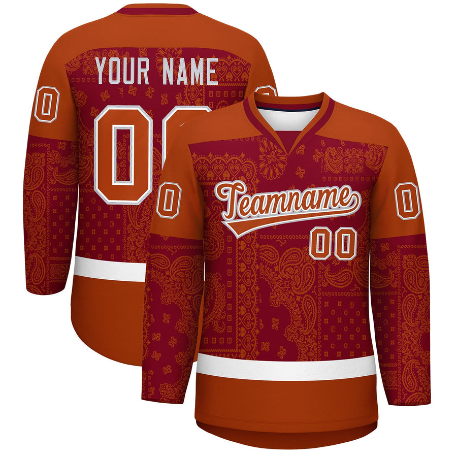 Custom Dark Orange Crimson White Cashew Flower Graffiti Pattern V-Neck Hockey Jersey | BuyFootballJersey
