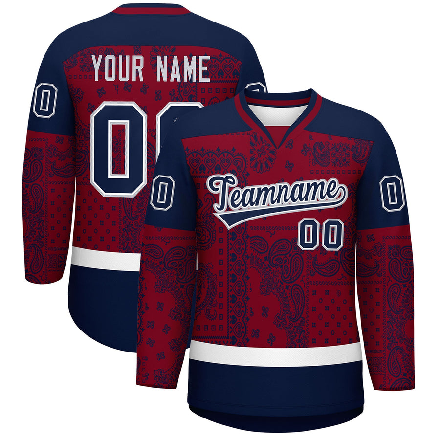 Custom Navy Crimson White Cashew Flower Graffiti Pattern V-Neck Hockey Jersey | BuyFootballJersey