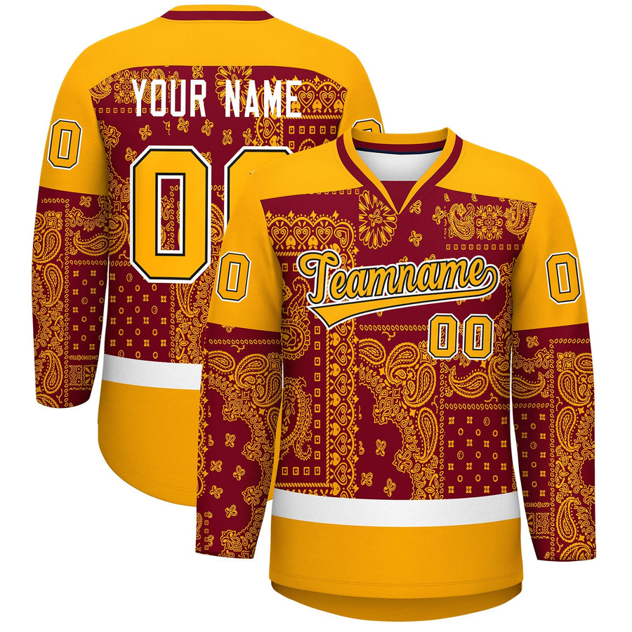 Custom Yellow Crimson White Cashew Flower Graffiti Pattern V-Neck Hockey Jersey | BuyFootballJersey