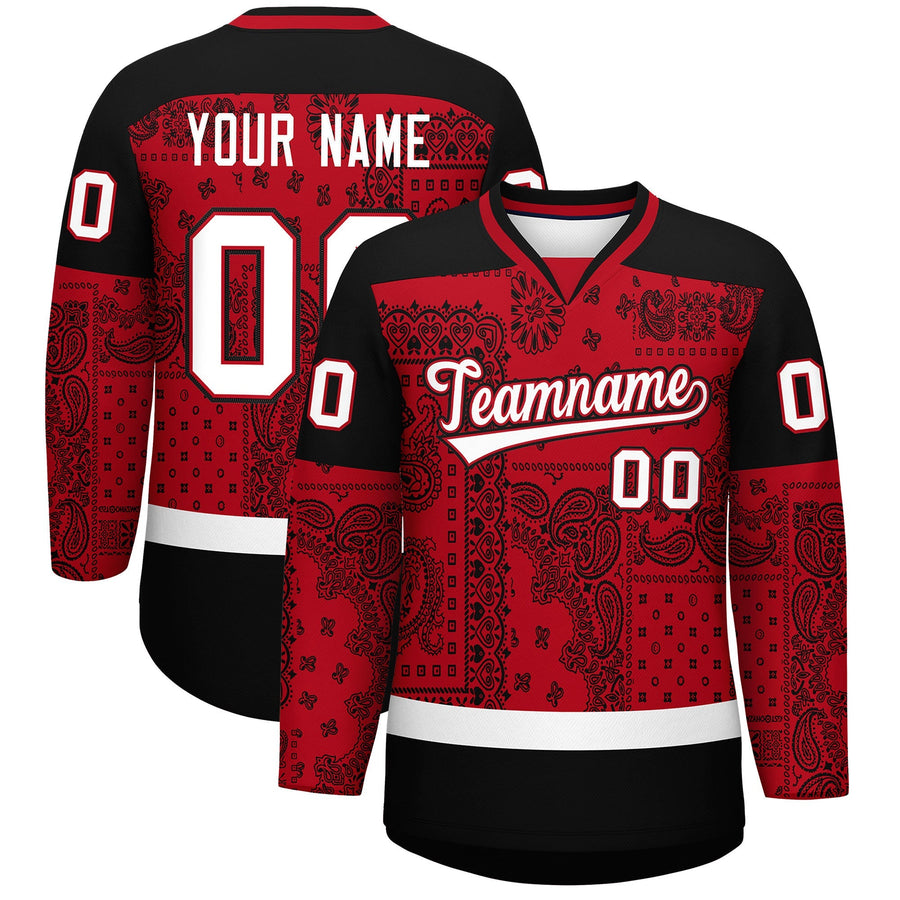 Custom Black Red White Cashew Flower Graffiti Pattern V-Neck Hockey Jersey | BuyFootballJersey