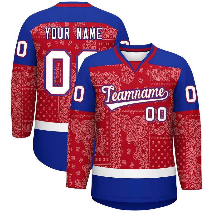 Custom Royal White Red Cashew Flower Graffiti Pattern V-Neck Hockey Jersey | BuyFootballJersey