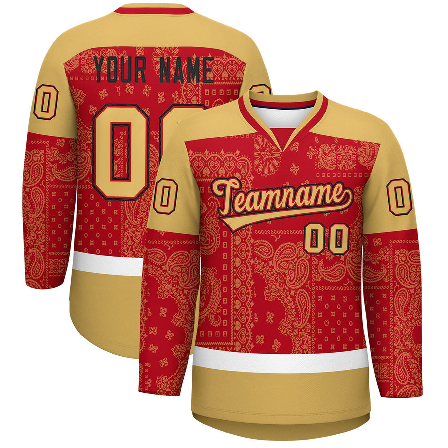 Custom Old Gold Red White Cashew Flower Graffiti Pattern V-Neck Hockey Jersey | BuyFootballJersey