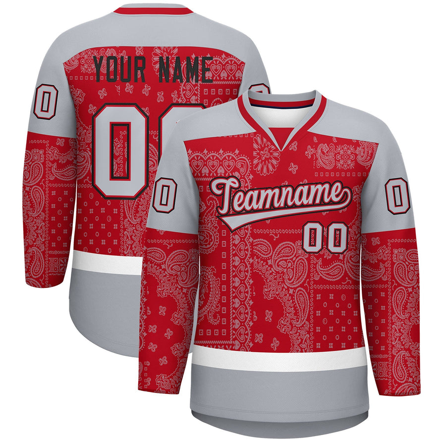 Custom Gray Red White Cashew Flower Graffiti Pattern V-Neck Hockey Jersey | BuyFootballJersey