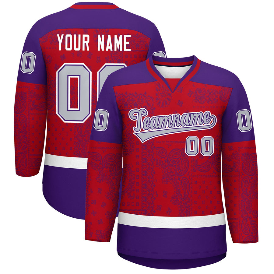 Custom Purple Red White Cashew Flower Graffiti Pattern V-Neck Hockey Jersey | BuyFootballJersey