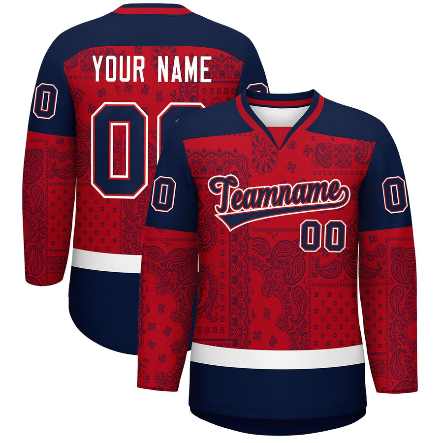 Custom Navy Red White Cashew Flower Graffiti Pattern V-Neck Hockey Jersey | BuyFootballJersey
