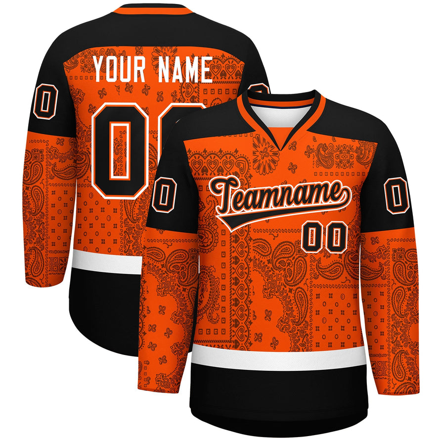 Custom Orange Black White Cashew Flower Graffiti Pattern V-Neck Hockey Jersey | BuyFootballJersey