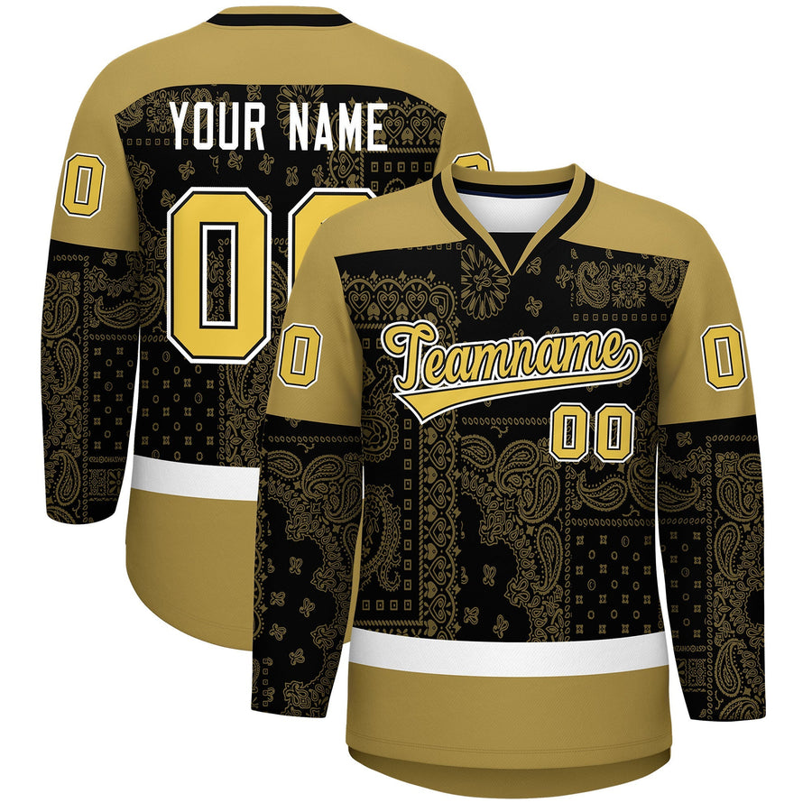 Custom Old Gold Black White Cashew Flower Graffiti Pattern V-Neck Hockey Jersey | BuyFootballJersey