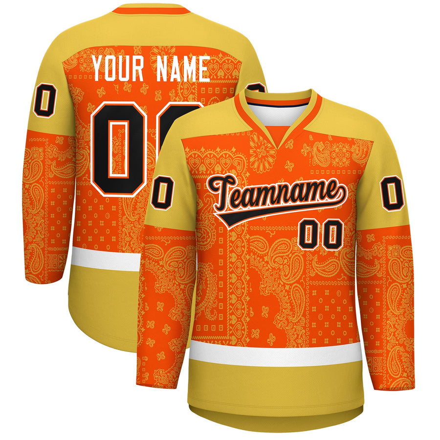 Custom Old Gold Orange White Cashew Flower Graffiti Pattern V-Neck Hockey Jersey | BuyFootballJersey