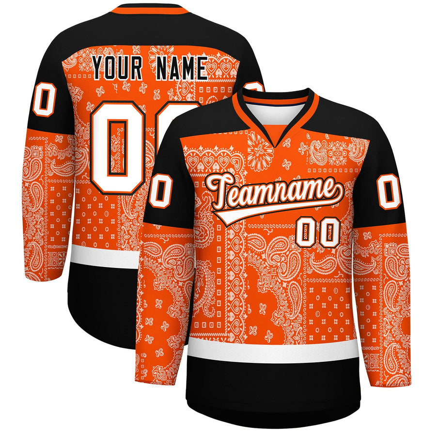 Custom Black Orange White Cashew Flower Graffiti Pattern V-Neck Hockey Jersey | BuyFootballJersey