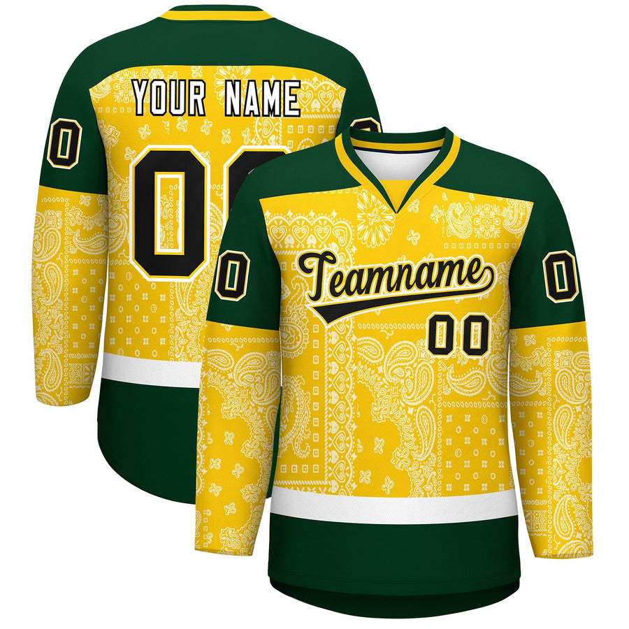 Custom Green Gold White Cashew Flower Graffiti Pattern V-Neck Hockey Jersey | BuyFootballJersey